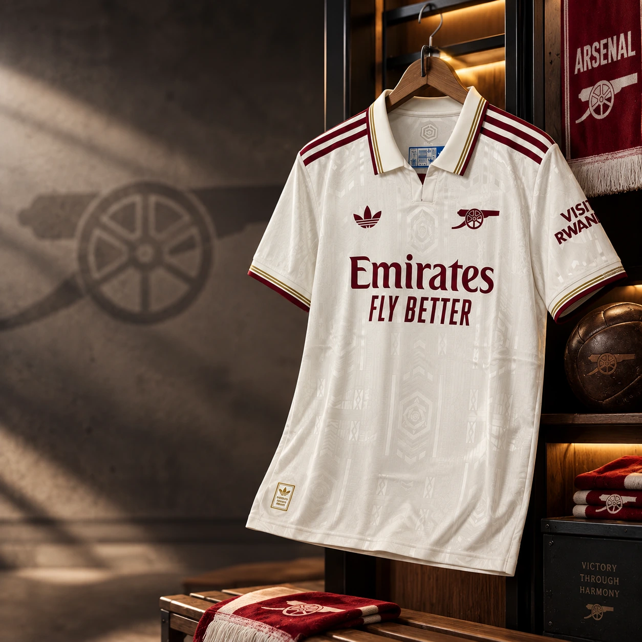 Camisa branca do Arsenal 2026 pendurada no vestiário